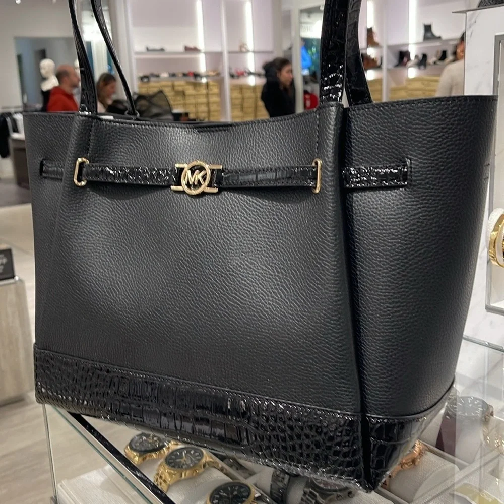 MICHAEL KORS Reed Large Leather Belted Satchel Shoulder Handbag  Black Crocodile